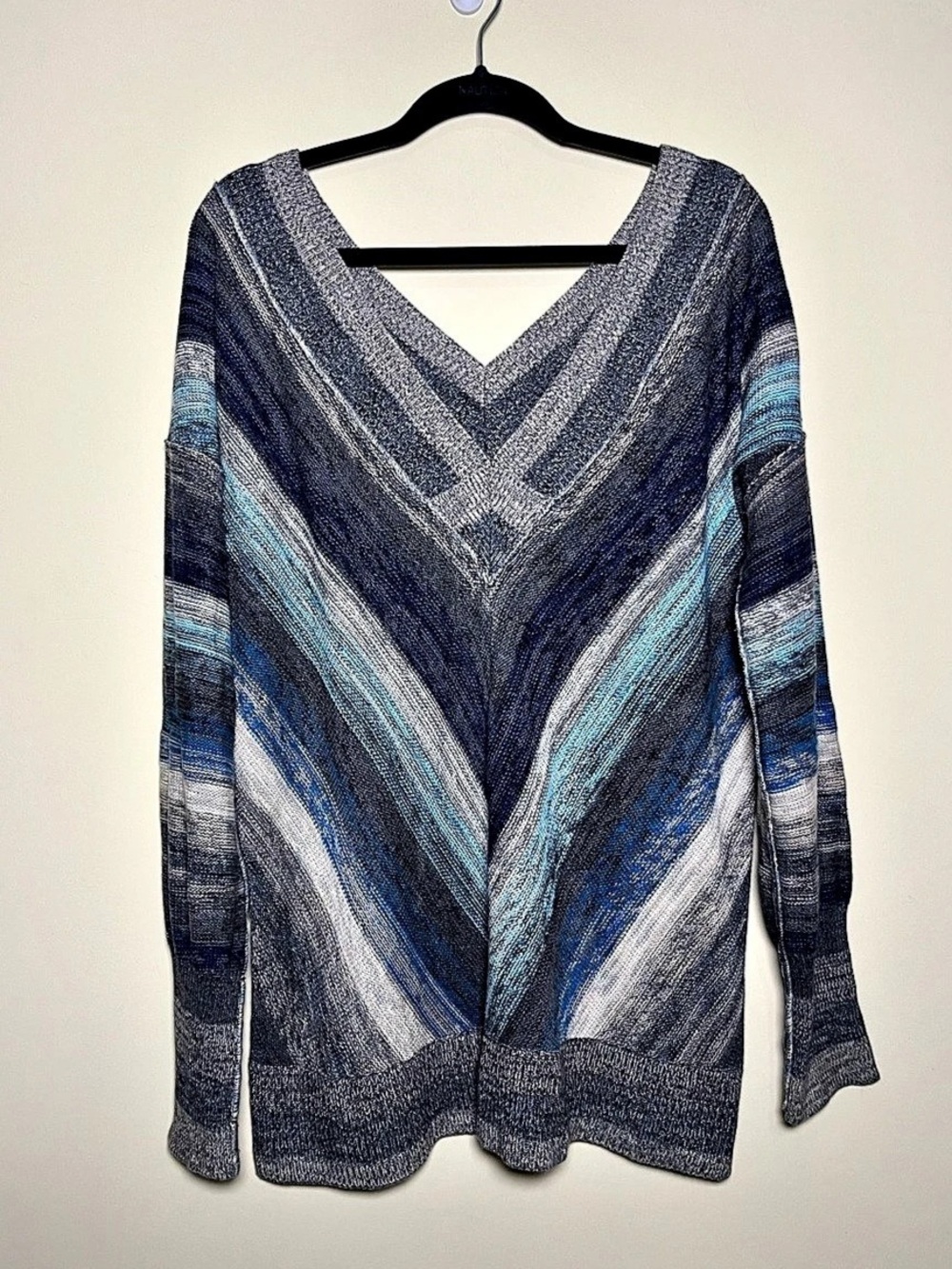 Free People Come Together Geometric V Neck Sweater Blue Women’s Size L